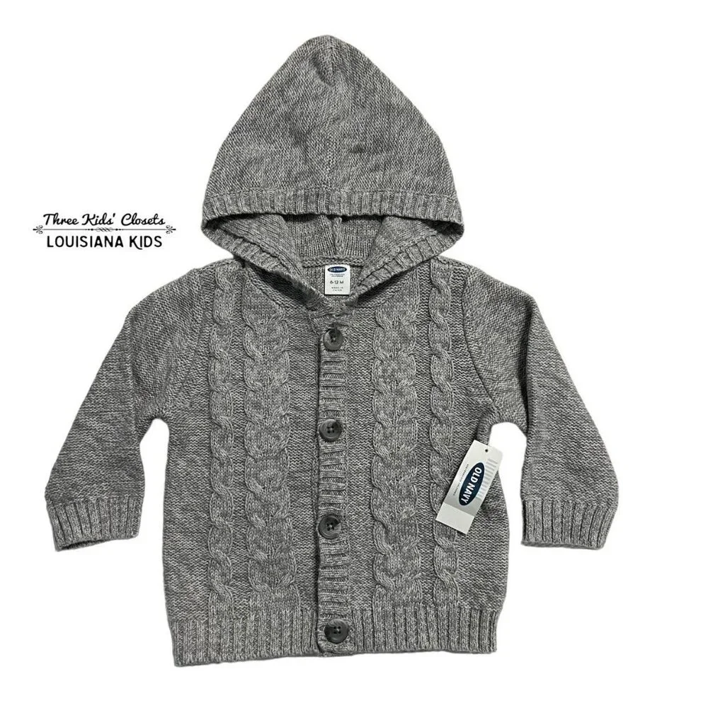 NEW Old Navy 6-12m Grey Cable Knit Hoodie Cardigan